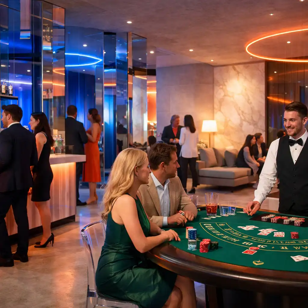 Nasvícená blackjacková zóna otevřená do moderního eventového prostoru