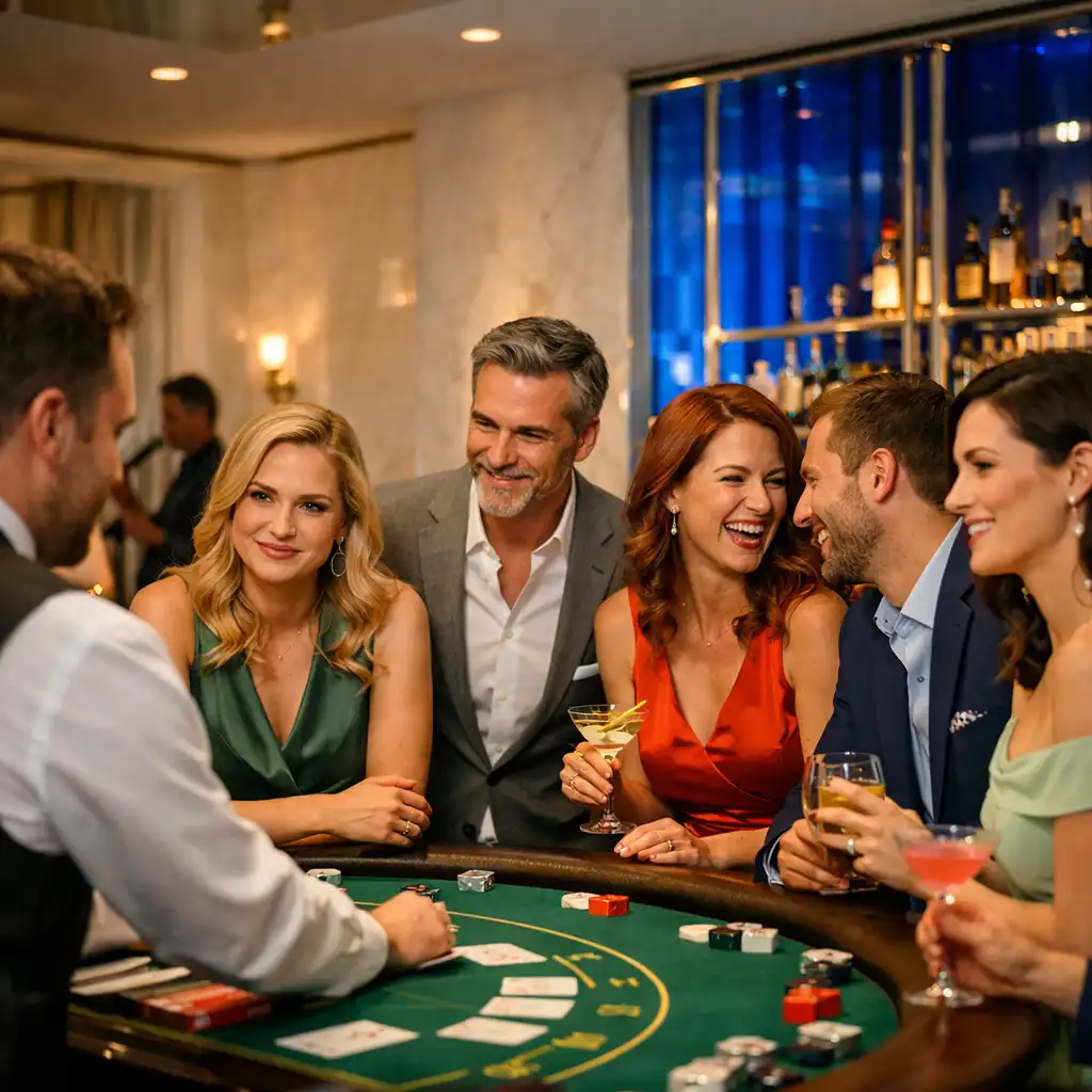 Hosté přirozeně konverzují kolem blackjackového stolu v eventové zóně