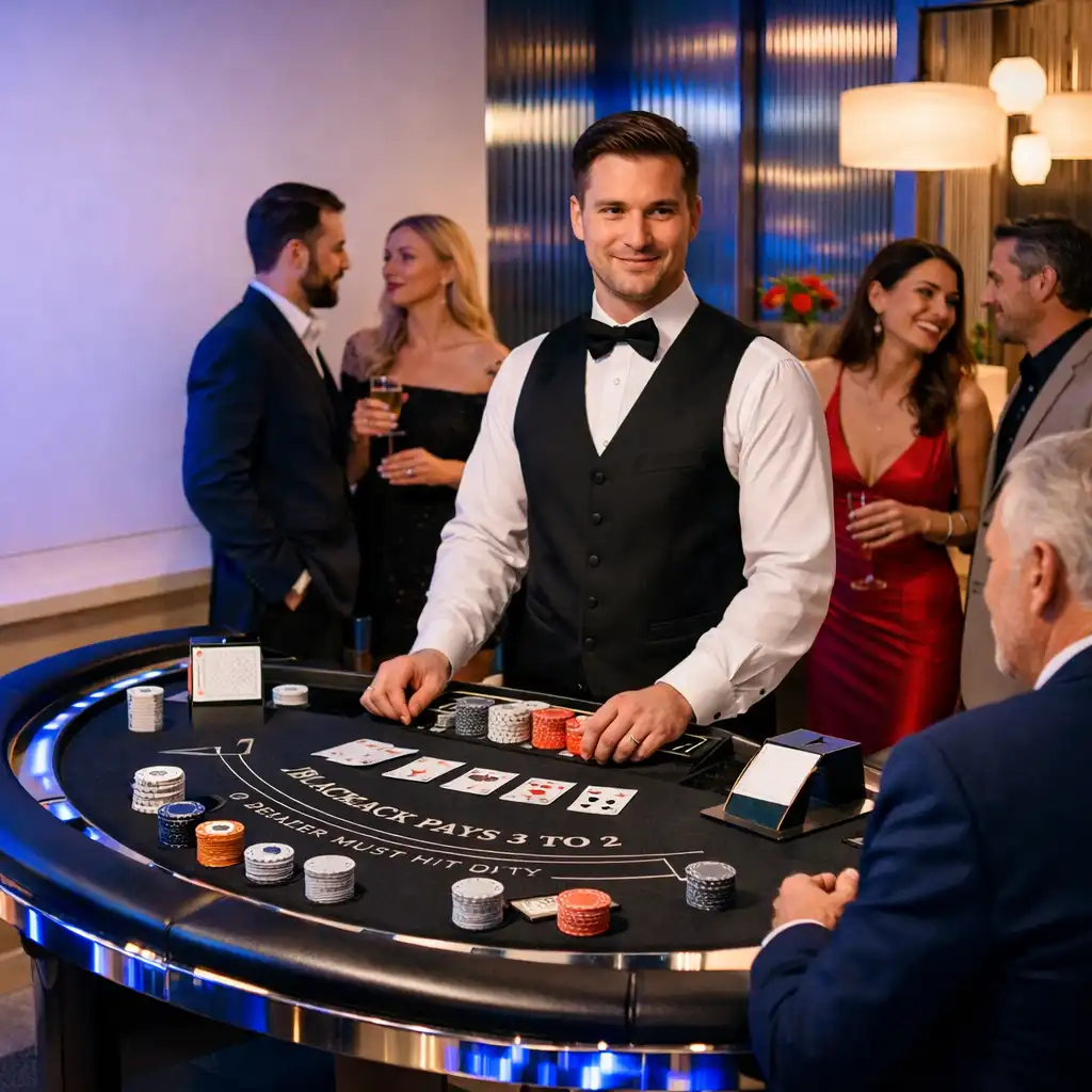 Fyzický blackjackový stůl s dealerem a hosty v současném eventovém prostoru