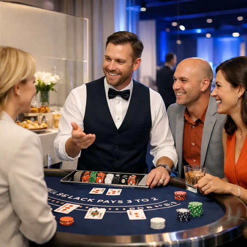 Dealer komunikuje s hosty u blackjackového stolu v eventovém prostoru