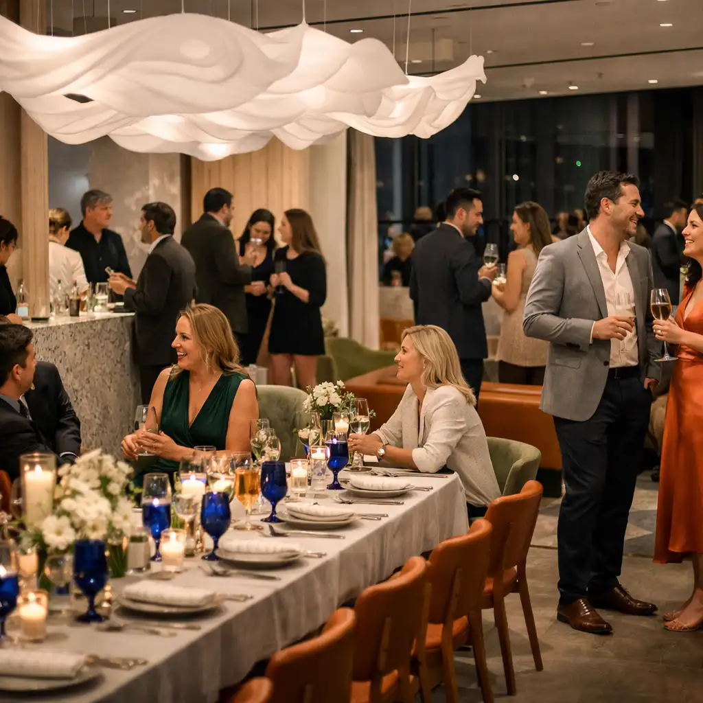 Hosté u diningového stolu a cocktail baru pod sochařským osvětlením