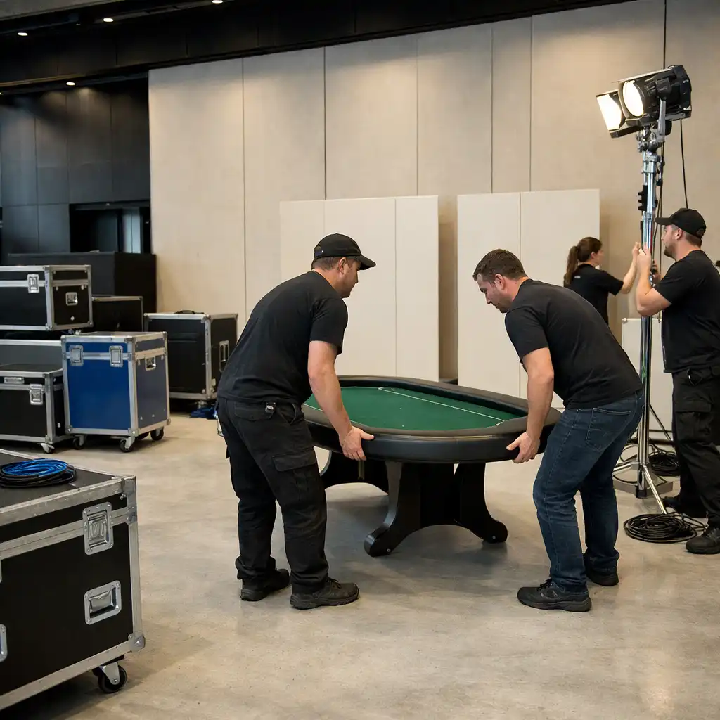 Produkční tým připravuje fyzický pokerový stůl a světla před otevřením eventu