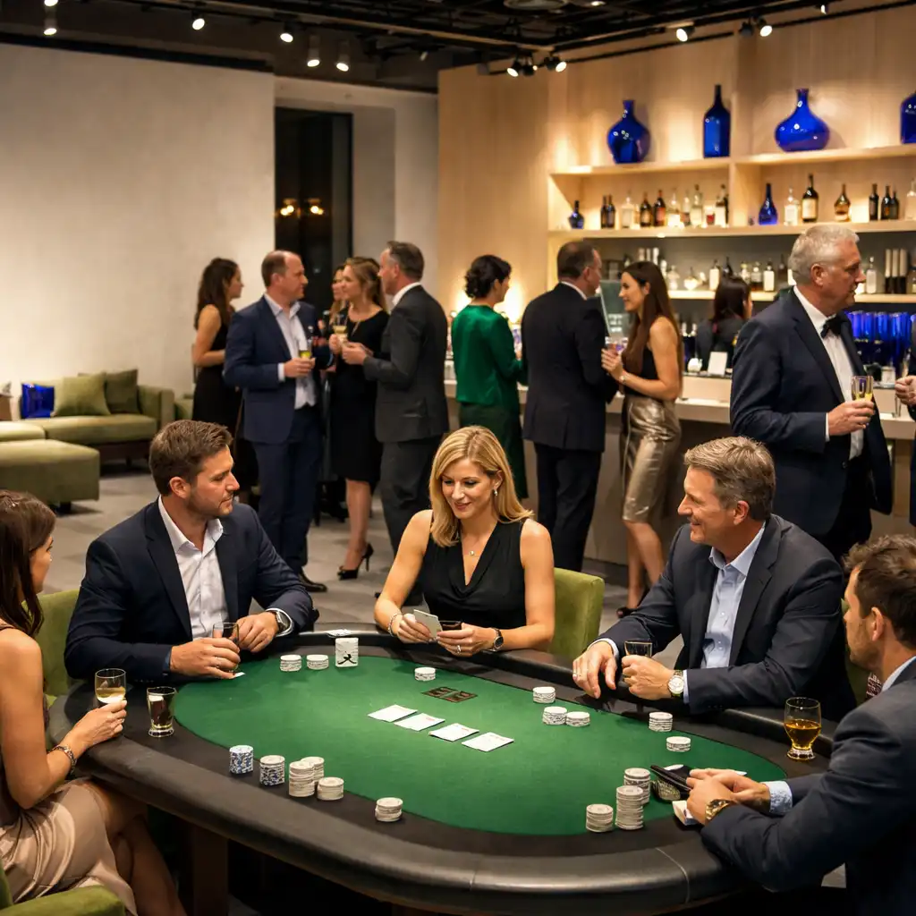 Hosté u fyzického pokerového stolu v moderním eventovém prostoru