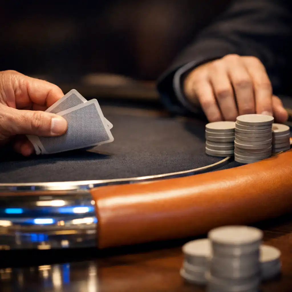 Detail rukou, karet a neutrálních žetonů na fyzickém pokerovém stole
