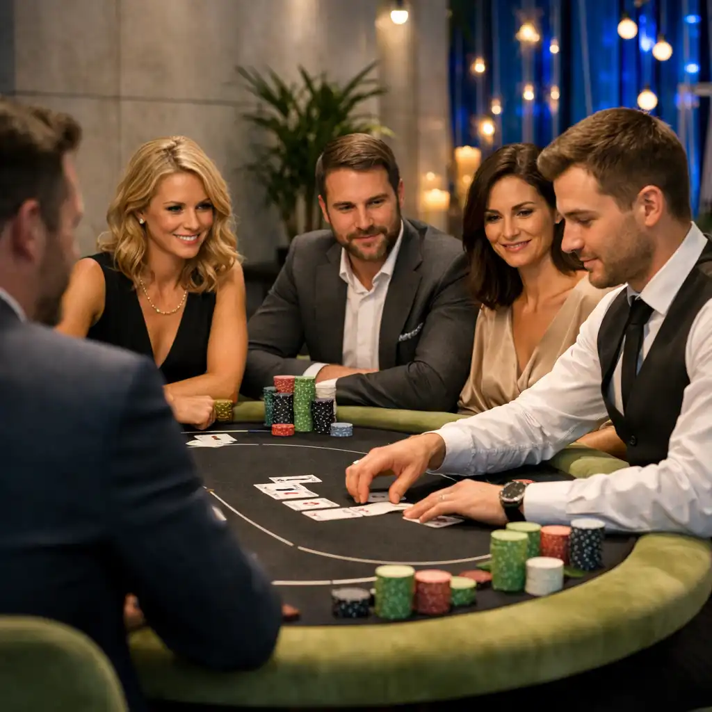 Hosté a dealer u fyzického pokerového stolu na eventu