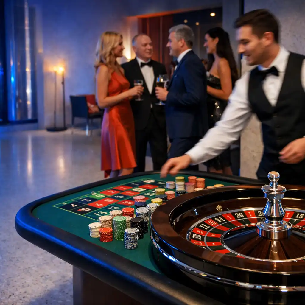 Elegantní hosté a dealer u fyzického ruletového stolu během organizovaného eventu