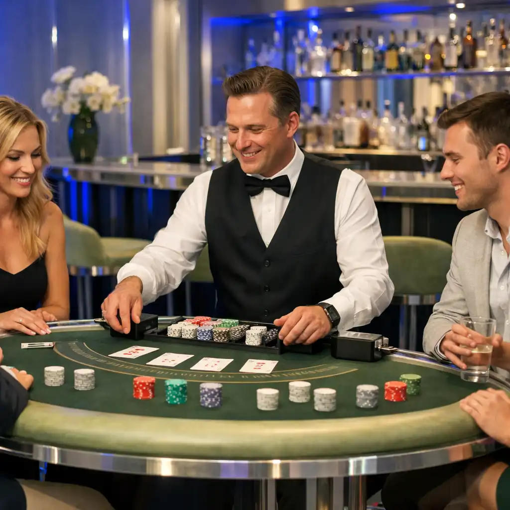 Dealer vede blackjack jako offline zábavu pro hosty na elegantním soukromém eventu
